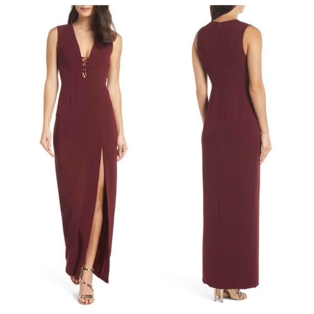 WAYF The Casey Plunge Neck Sleeveless Long Dress Burgundy Small!